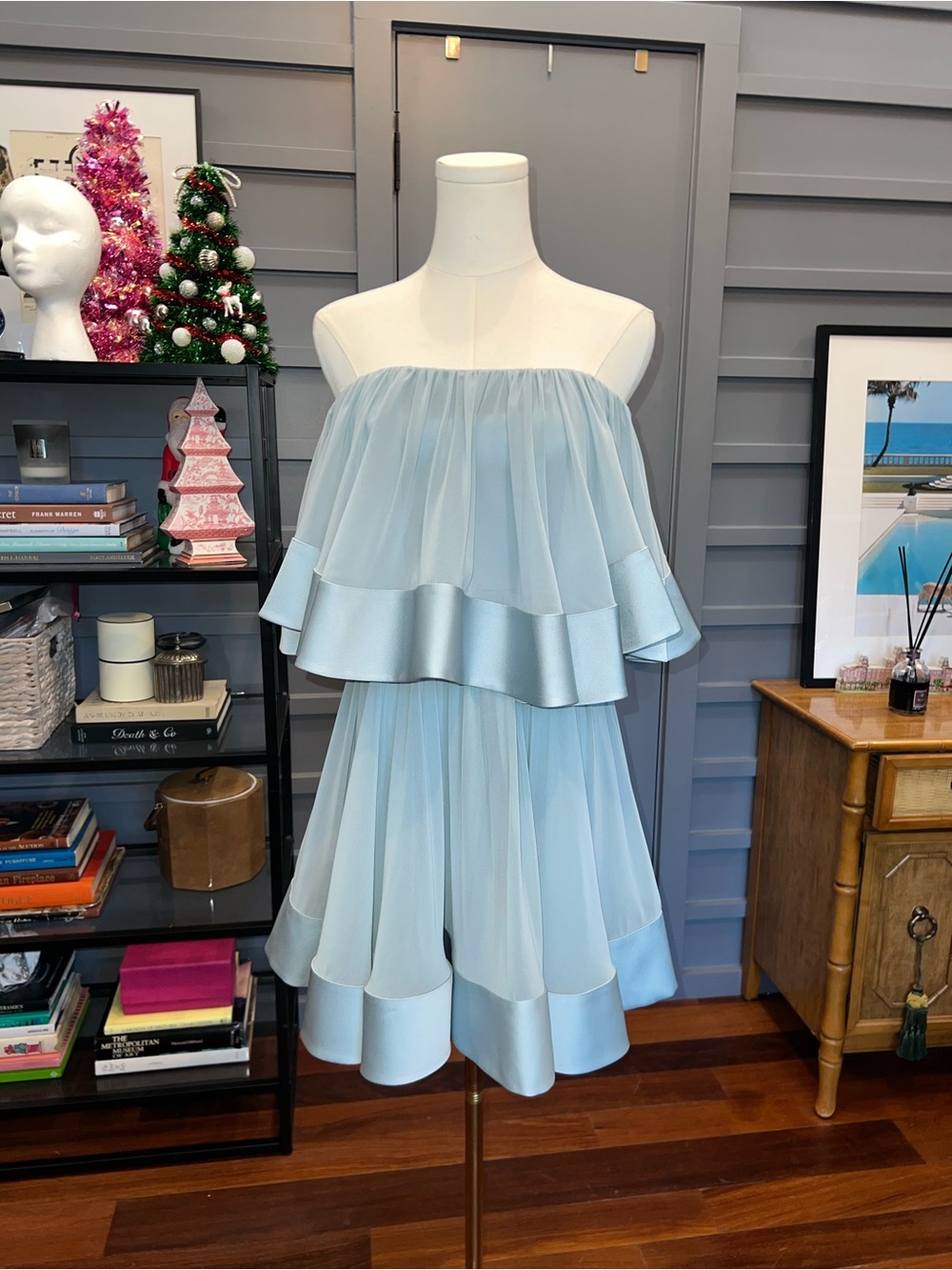 NWT - KEEPSAKE the Label Light Blue Double Ruffle Strapless Couture Mini Dress